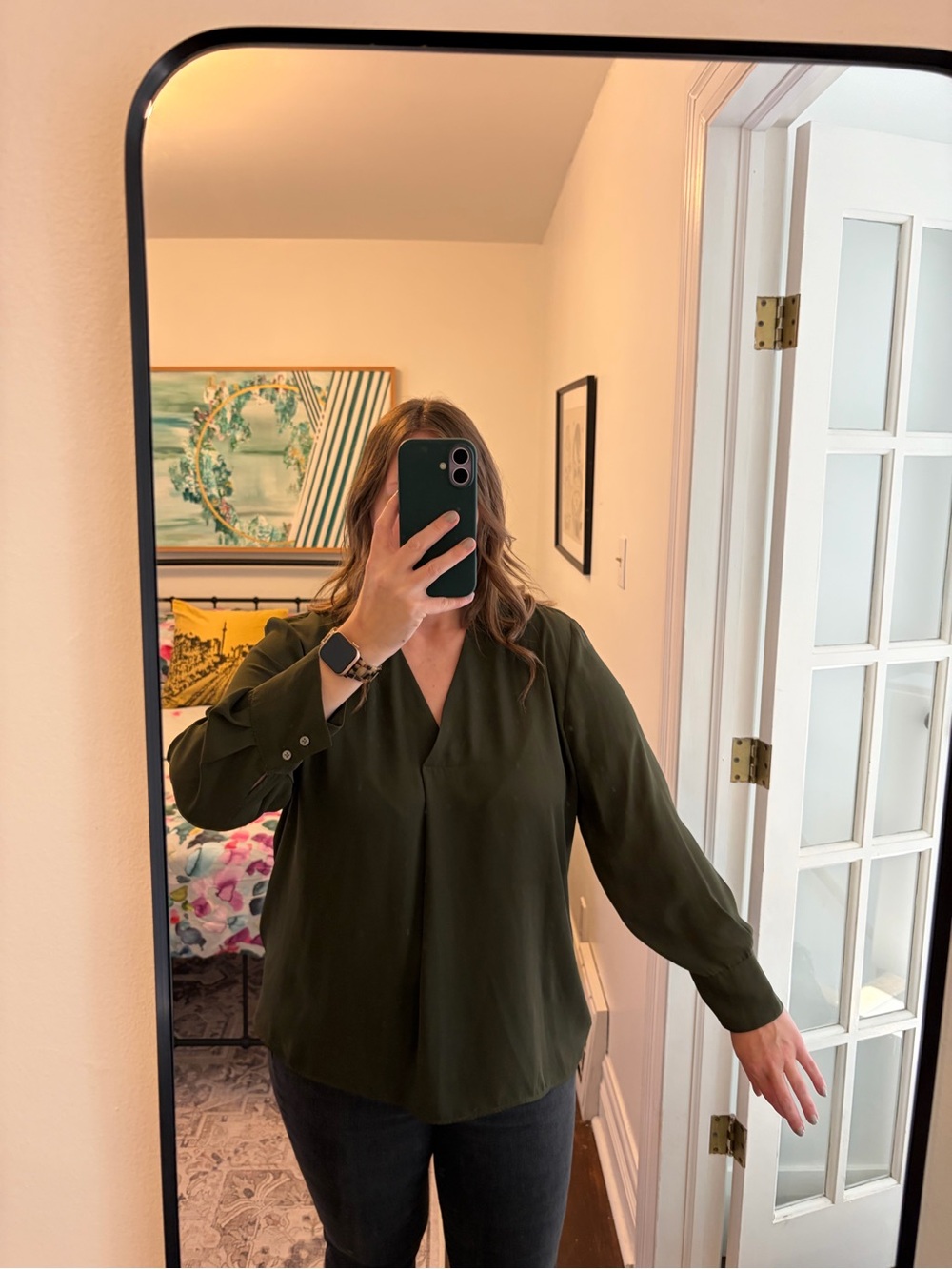 Women’s V-Neck Long Sleeve Blouse - Dark Green